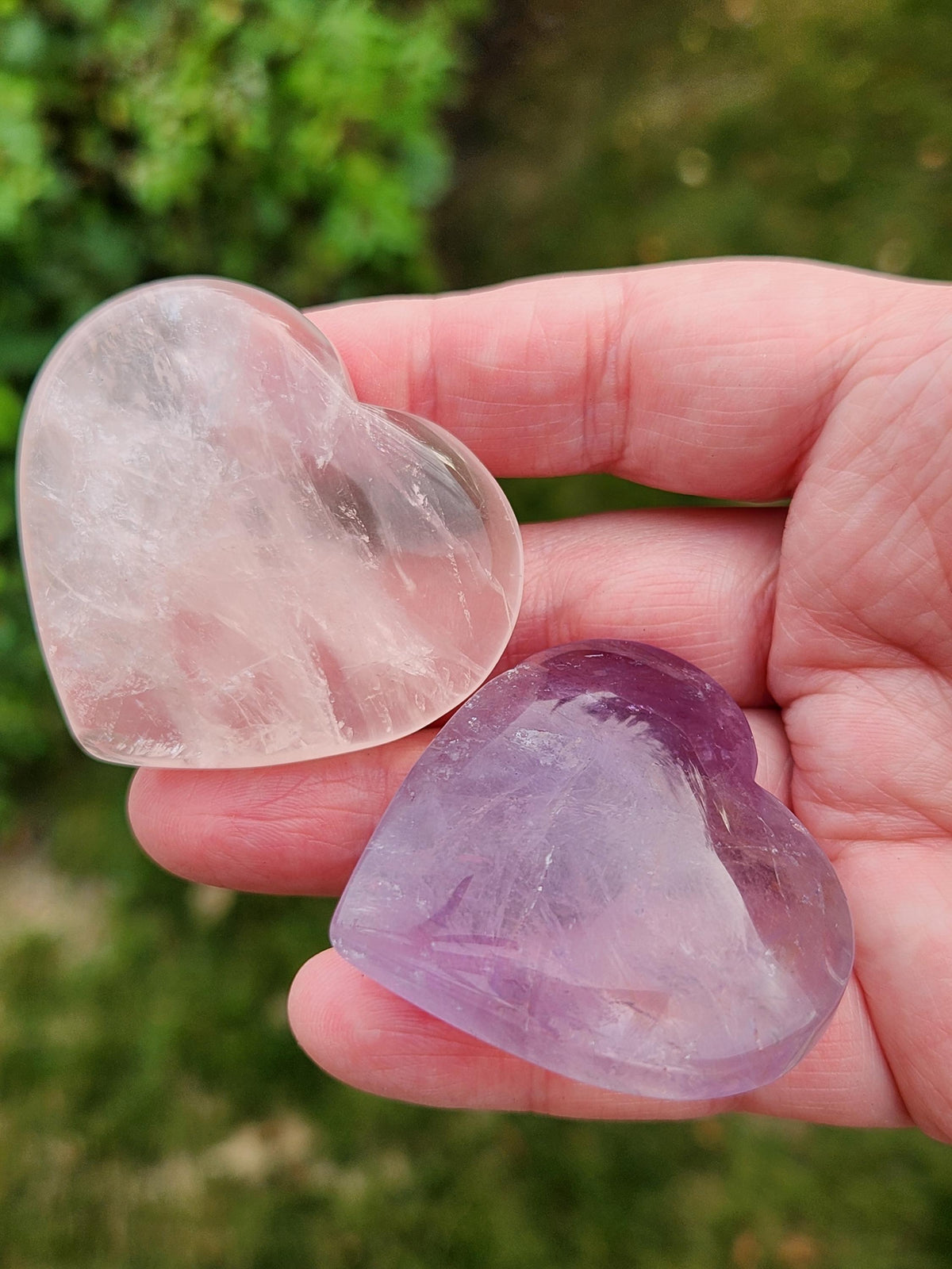 Set of 2 Hearts Purple Ametrine Amethyst Crystal and Rose Quartz Carved Hearts