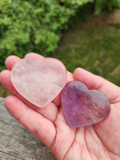 Set of 2 Hearts Purple Ametrine Amethyst Crystal and Rose Quartz Carved Hearts
