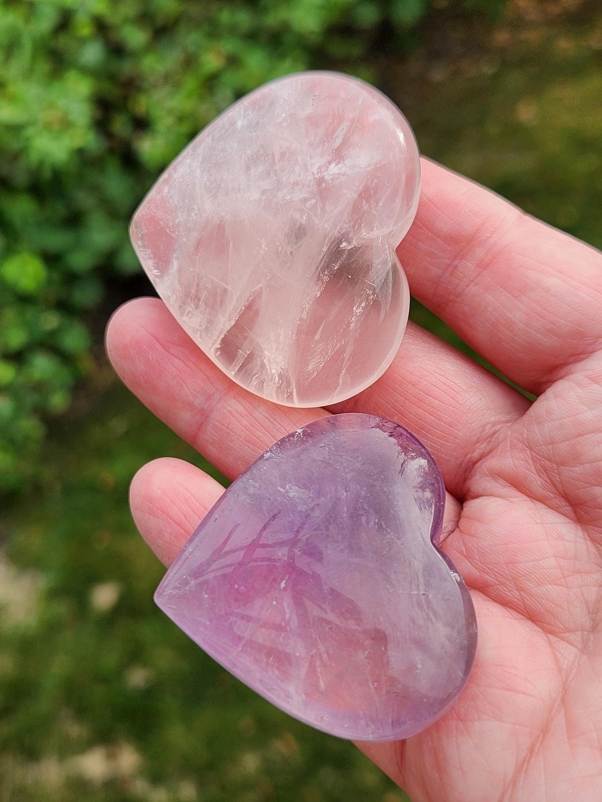 Set of 2 Hearts Purple Ametrine Amethyst Crystal and Rose Quartz Carved Hearts