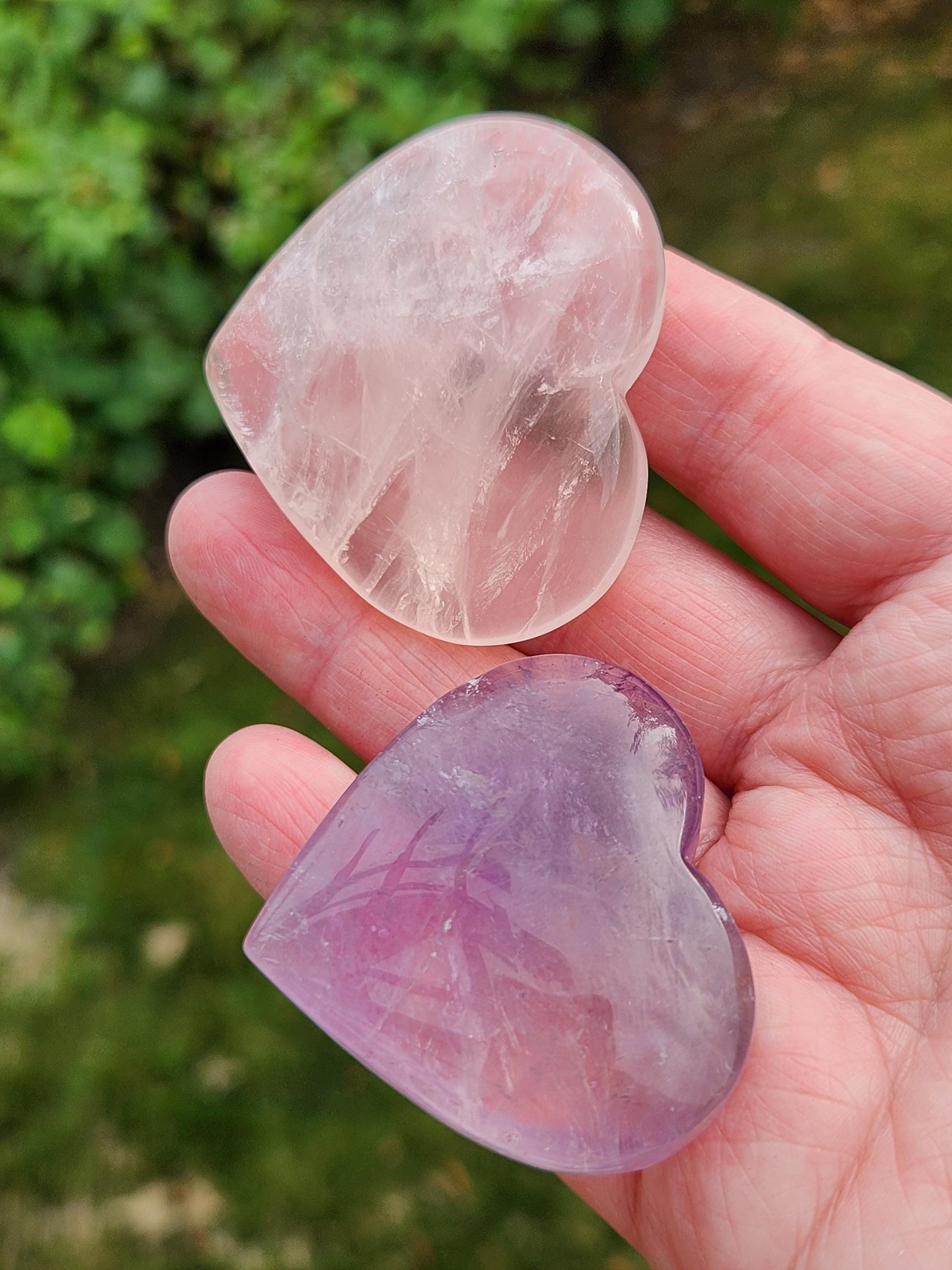 Set of 2 Hearts Purple Ametrine Amethyst Crystal and Rose Quartz Carved Hearts