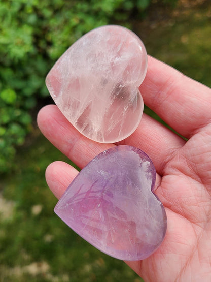 Set of 2 Hearts Purple Ametrine Amethyst Crystal and Rose Quartz Carved Hearts