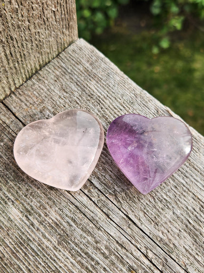 Set of 2 Hearts Purple Ametrine Amethyst Crystal and Rose Quartz Carved Hearts