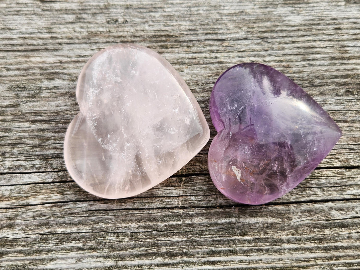 Set of 2 Hearts Purple Ametrine Amethyst Crystal and Rose Quartz Carved Hearts