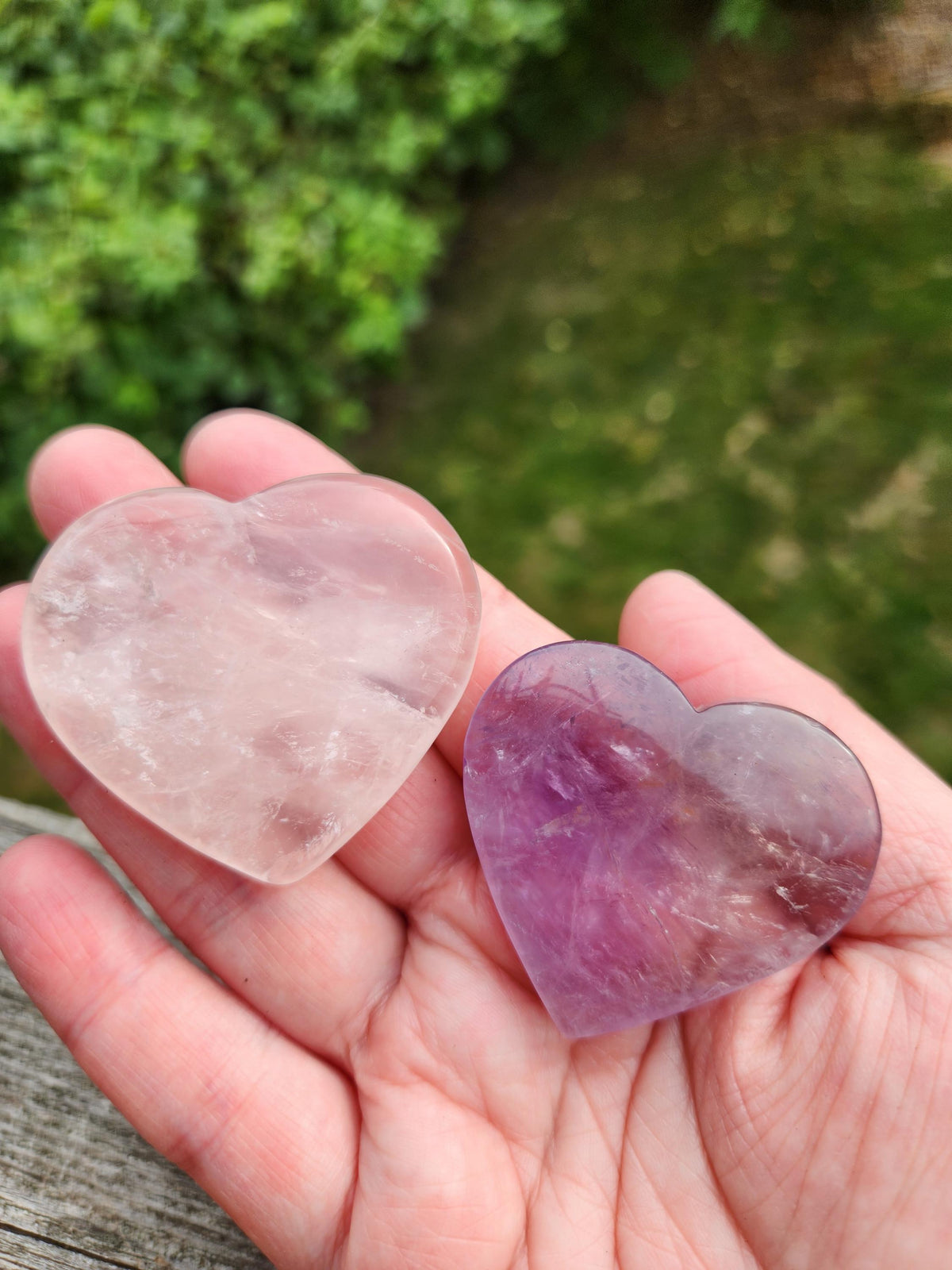 Set of 2 Hearts Purple Ametrine Amethyst Crystal and Rose Quartz Carved Hearts