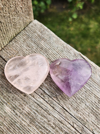 Set of 2 Hearts Purple Ametrine Amethyst Crystal and Rose Quartz Carved Hearts