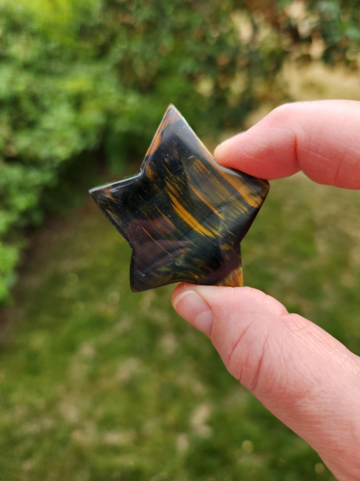 Polished Blue and Gold Tiger Eye Crystal Star: Pocket Palm Stone