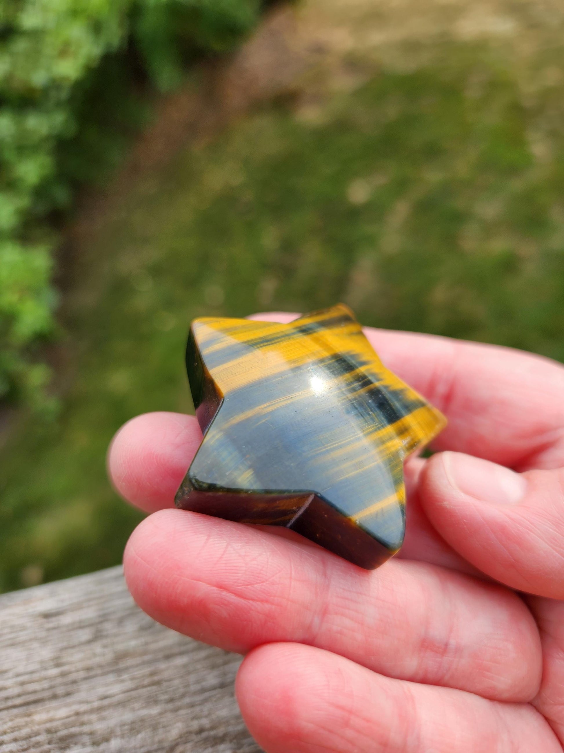 Polished Blue and Gold Tiger Eye Crystal Star: Pocket Palm Stone