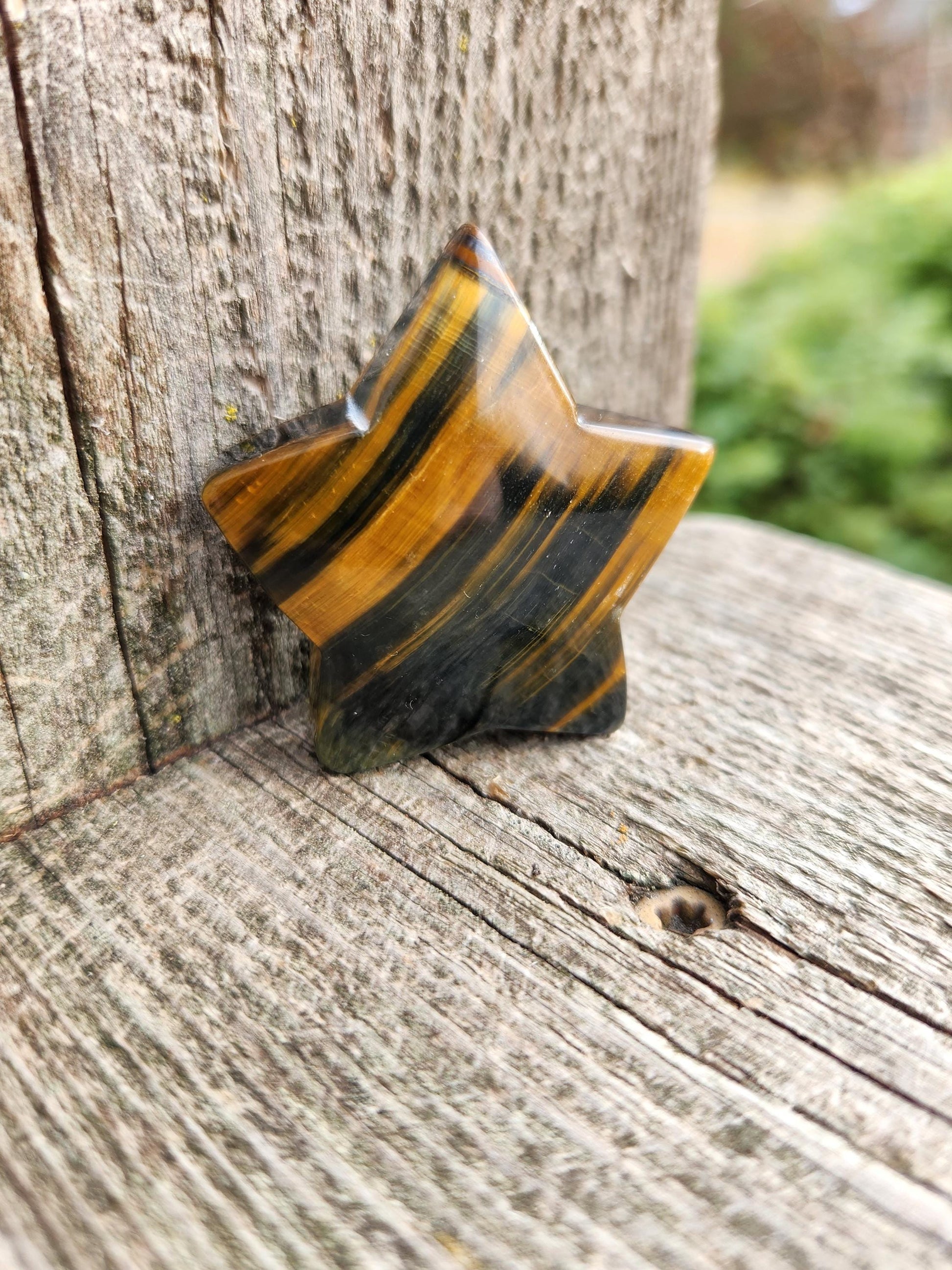 Polished Blue and Gold Tiger Eye Crystal Star: Pocket Palm Stone
