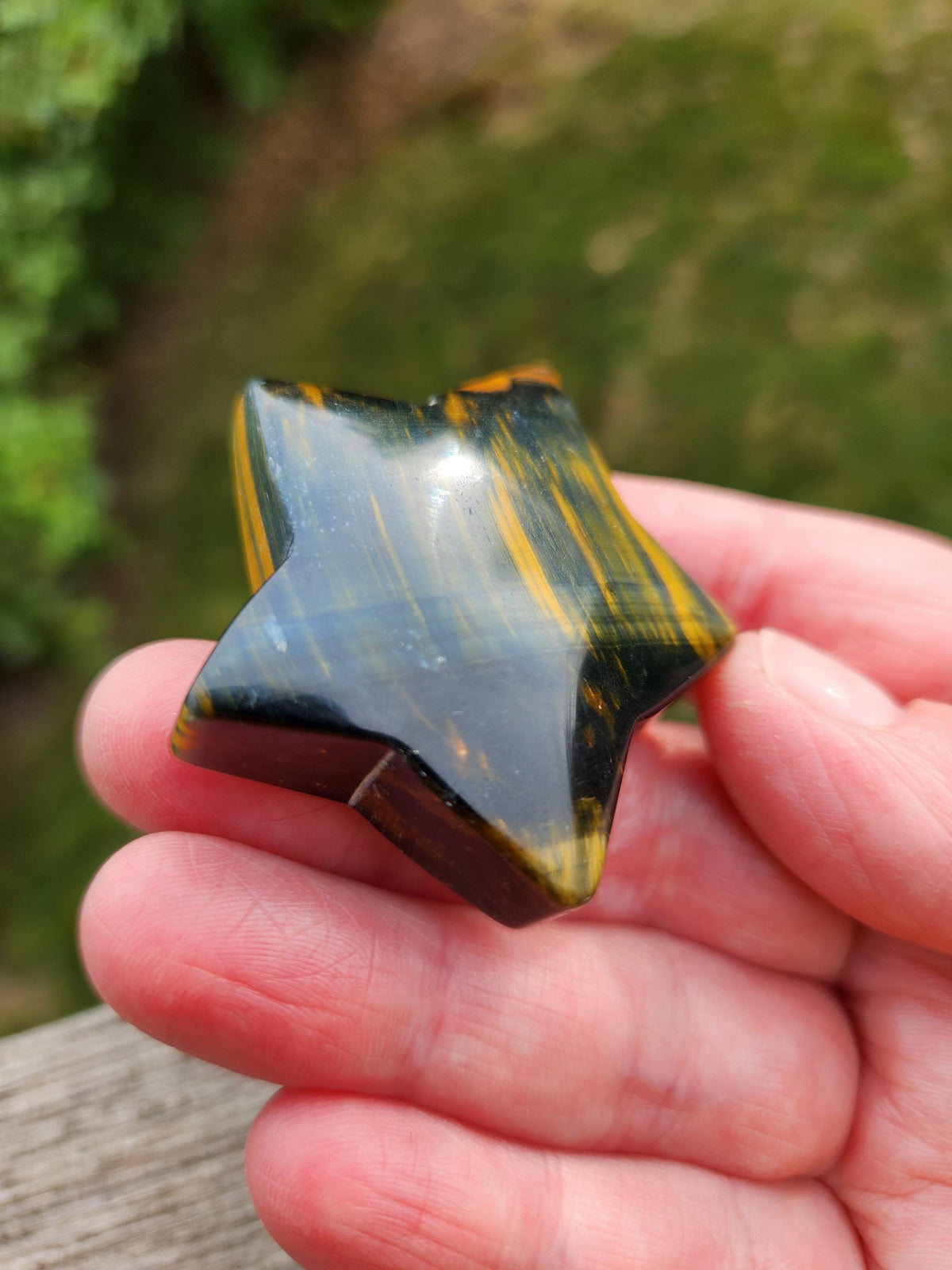 Polished Blue and Gold Tiger Eye Crystal Star: Pocket Palm Stone