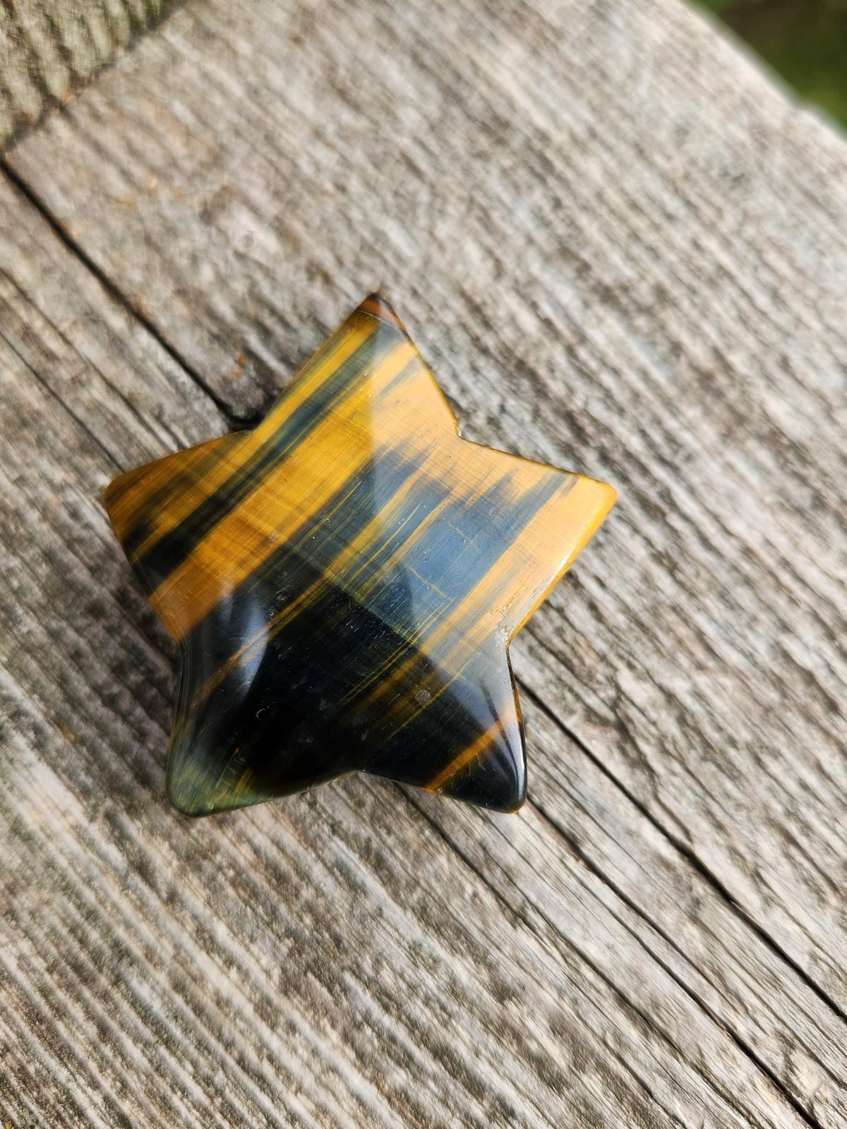 Polished Blue and Gold Tiger Eye Crystal Star: Pocket Palm Stone