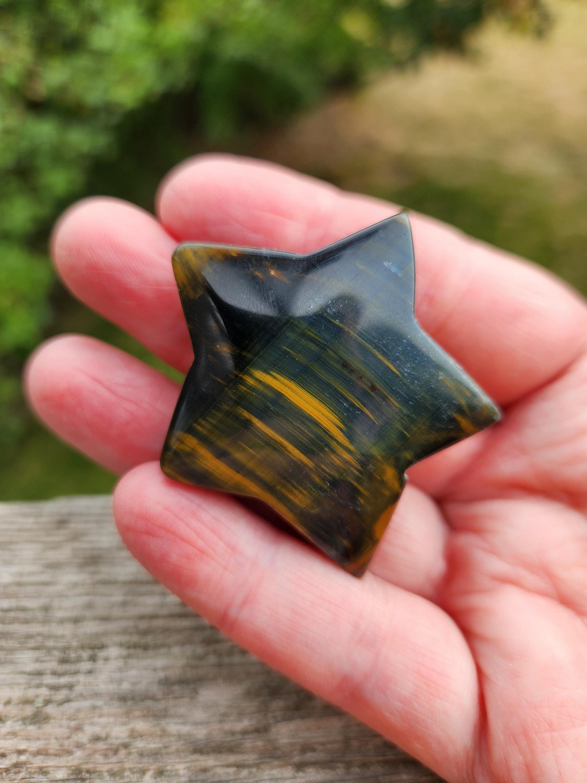 Polished Blue and Gold Tiger Eye Crystal Star: Pocket Palm Stone