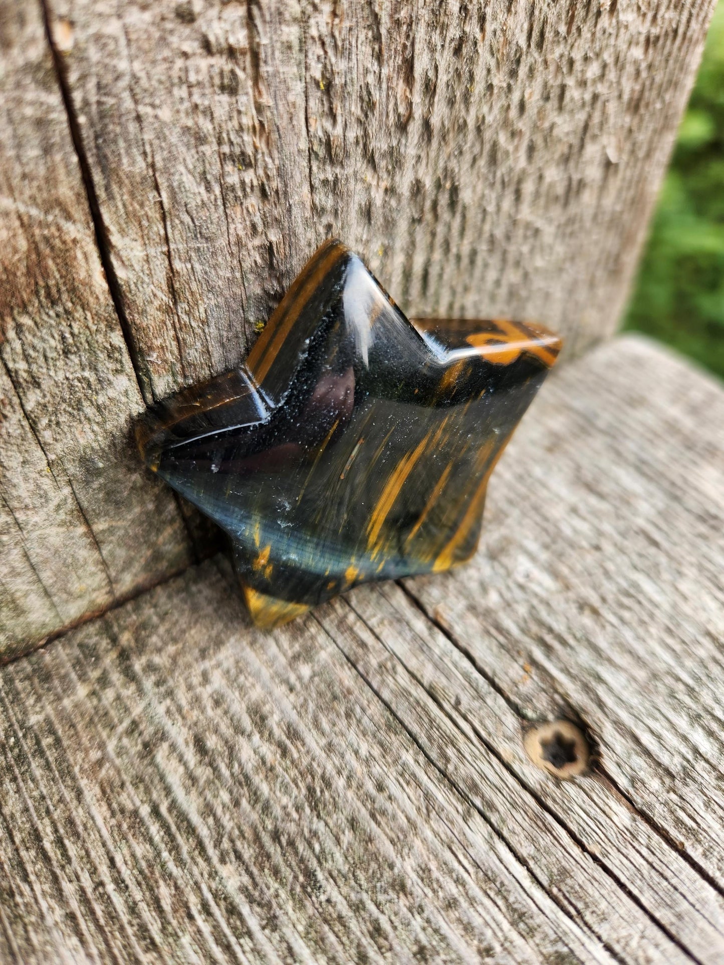 Polished Blue and Gold Tiger Eye Crystal Star: Pocket Palm Stone