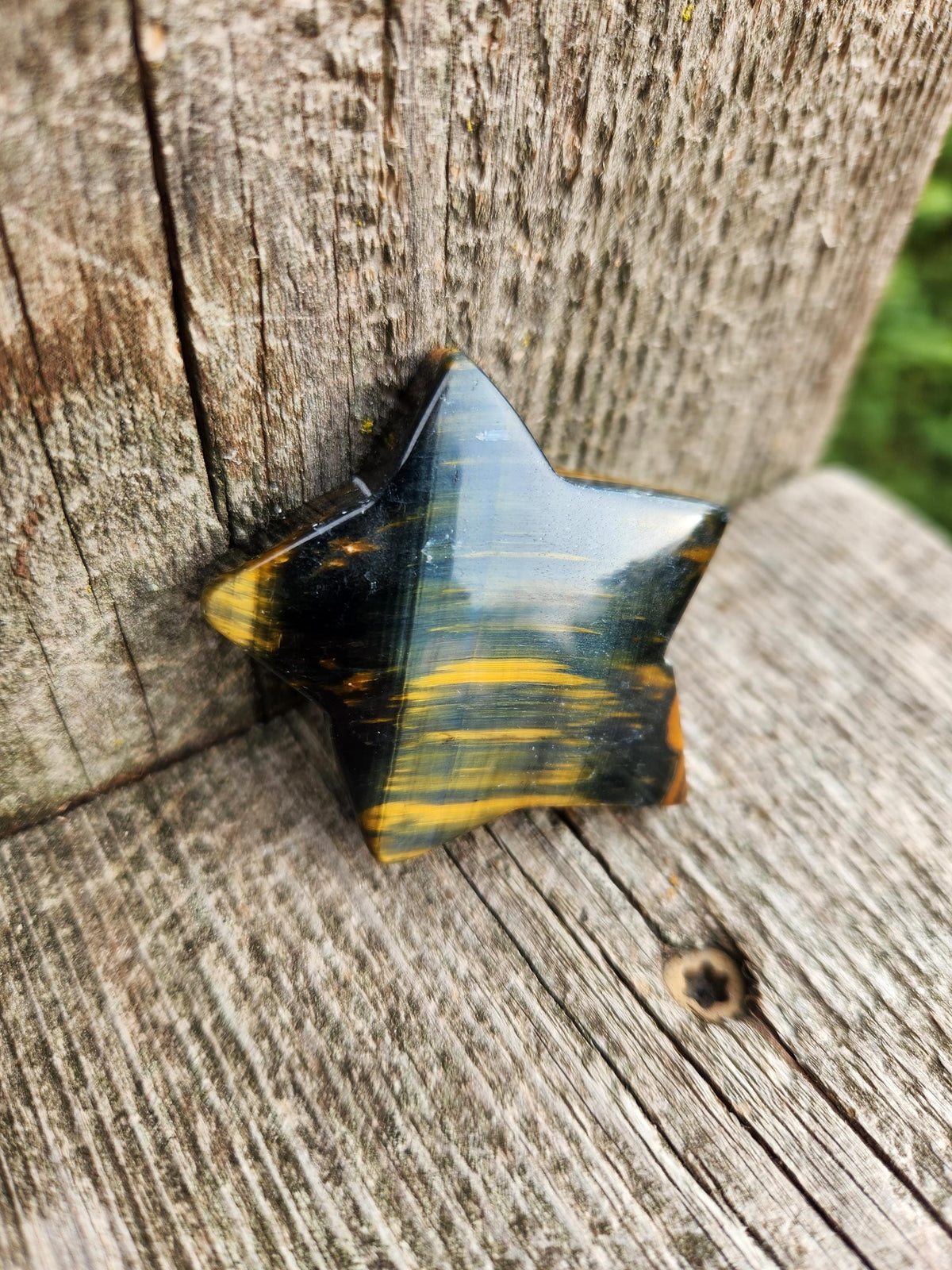 Polished Blue and Gold Tiger Eye Crystal Star: Pocket Palm Stone