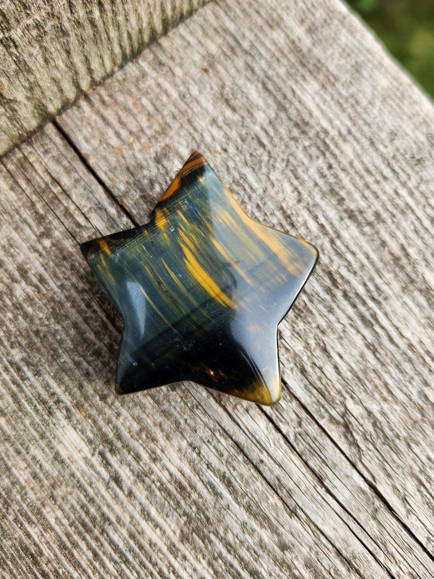 Polished Blue and Gold Tiger Eye Crystal Star: Pocket Palm Stone