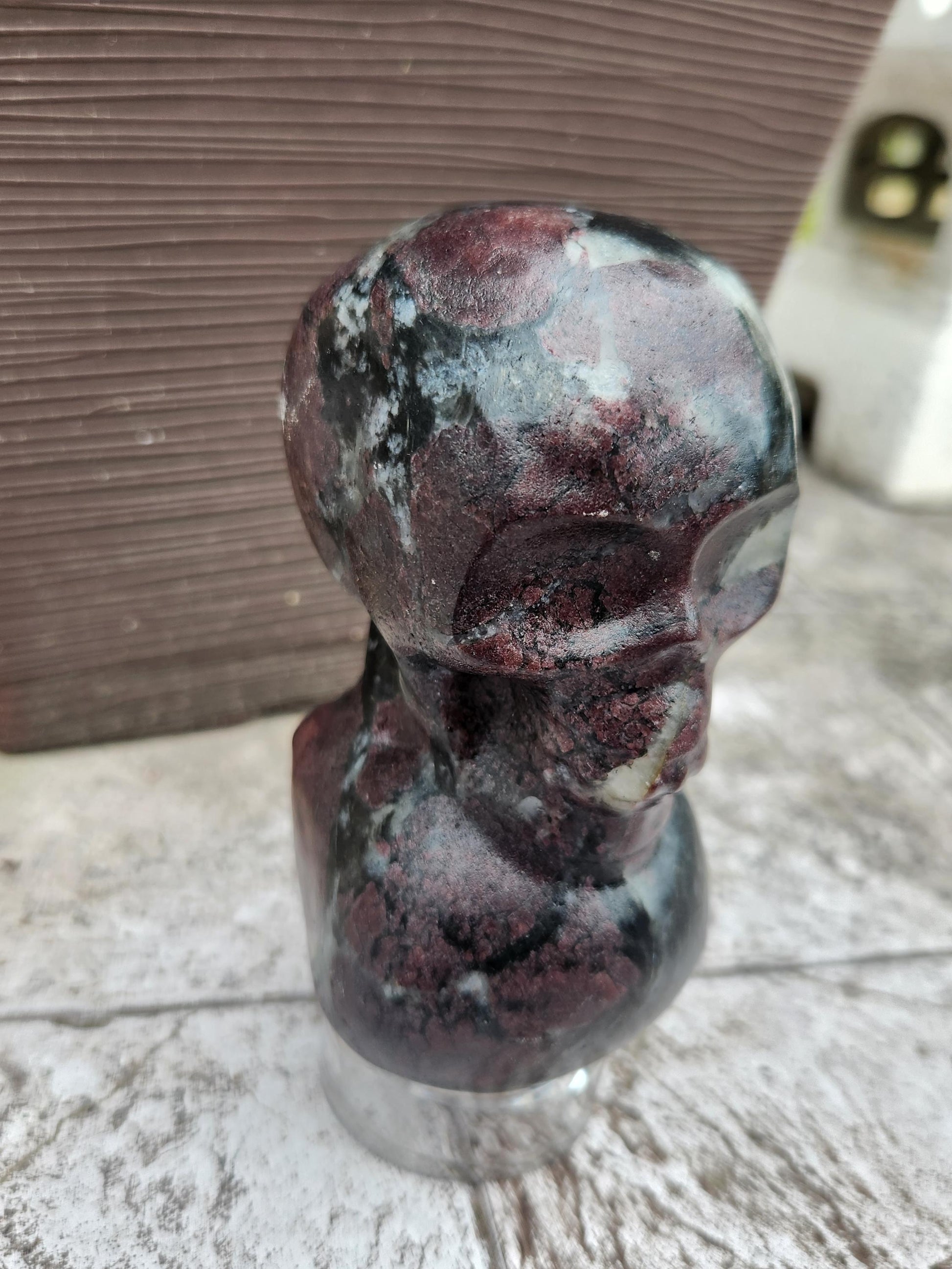 Double Skull in Garnet with Fireworks or Arfvedsonite Crystal Carving