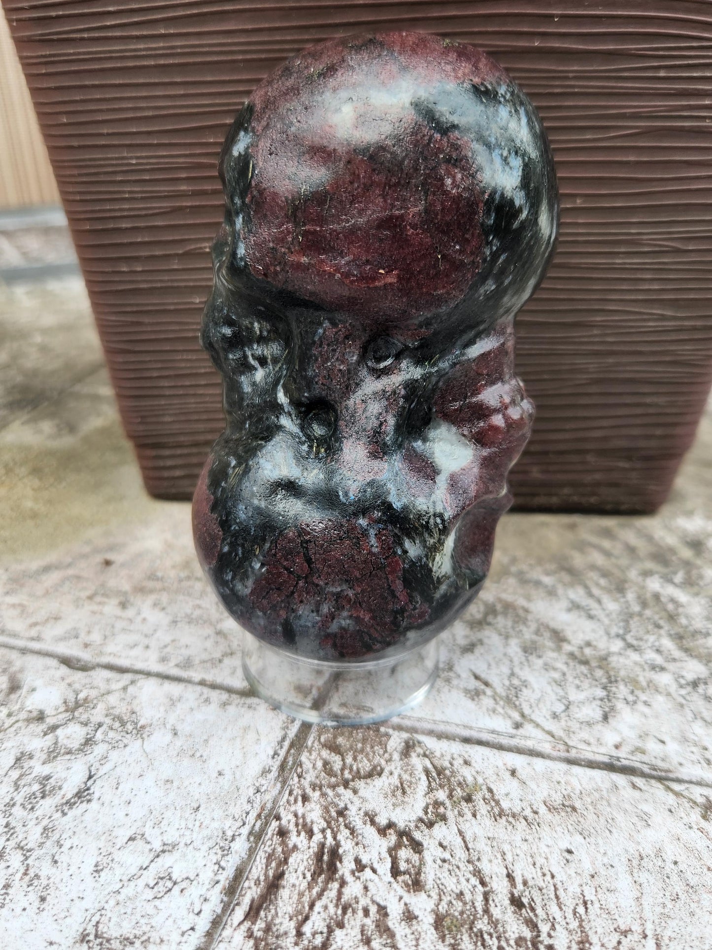 Double Skull in Garnet with Fireworks or Arfvedsonite Crystal Carving