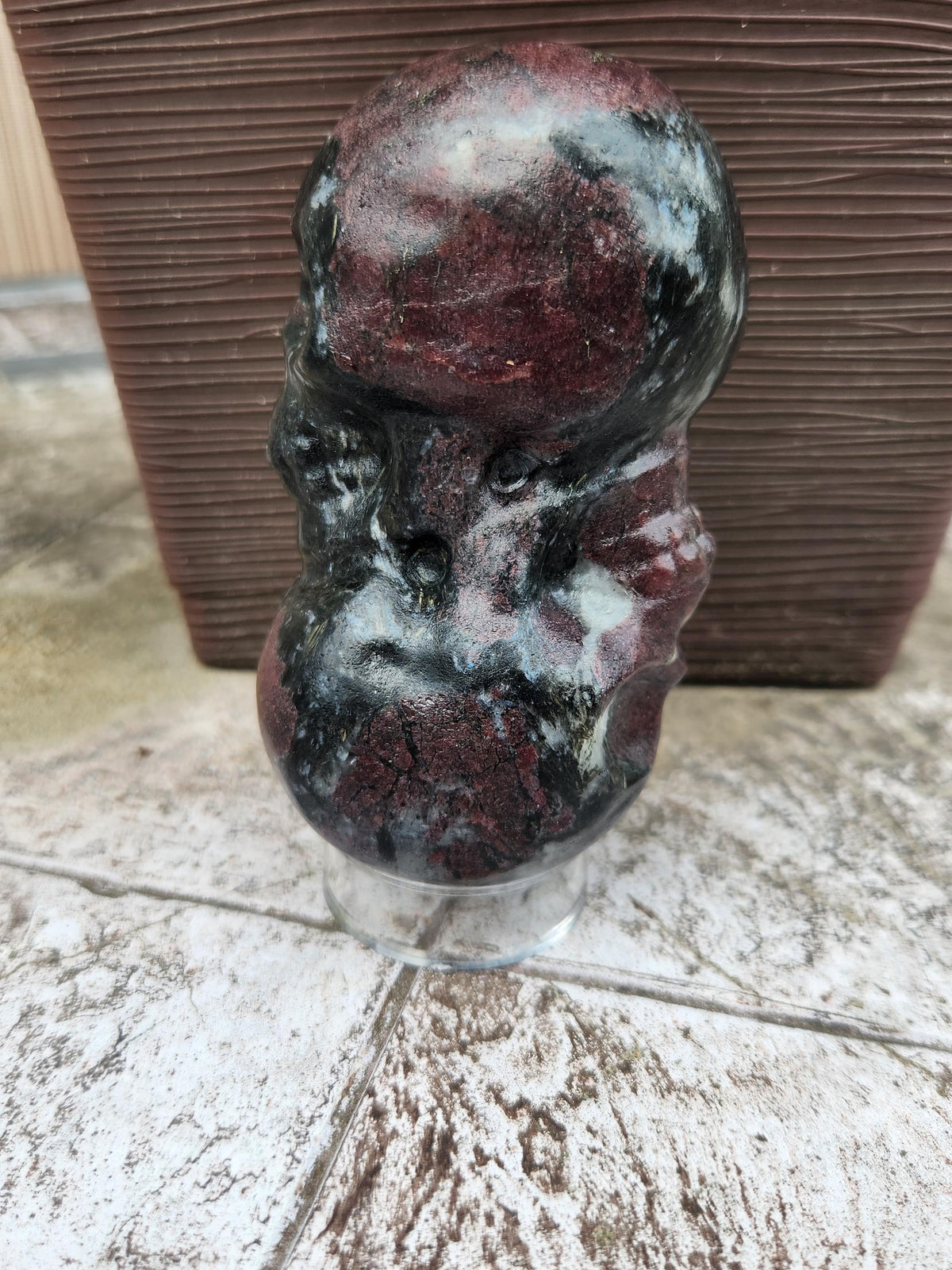Double Skull in Garnet with Fireworks or Arfvedsonite Crystal Carving