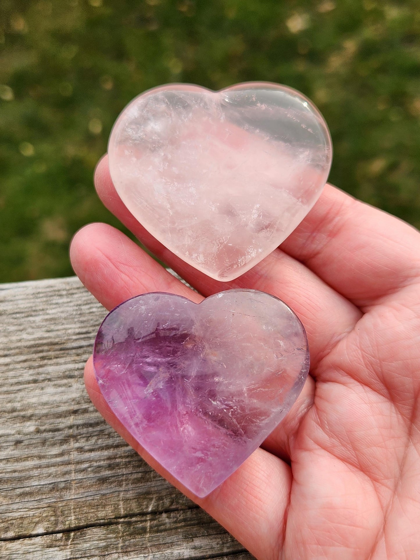 Set of 2 Hearts Purple Ametrine Amethyst Crystal and Rose Quartz Carved Hearts