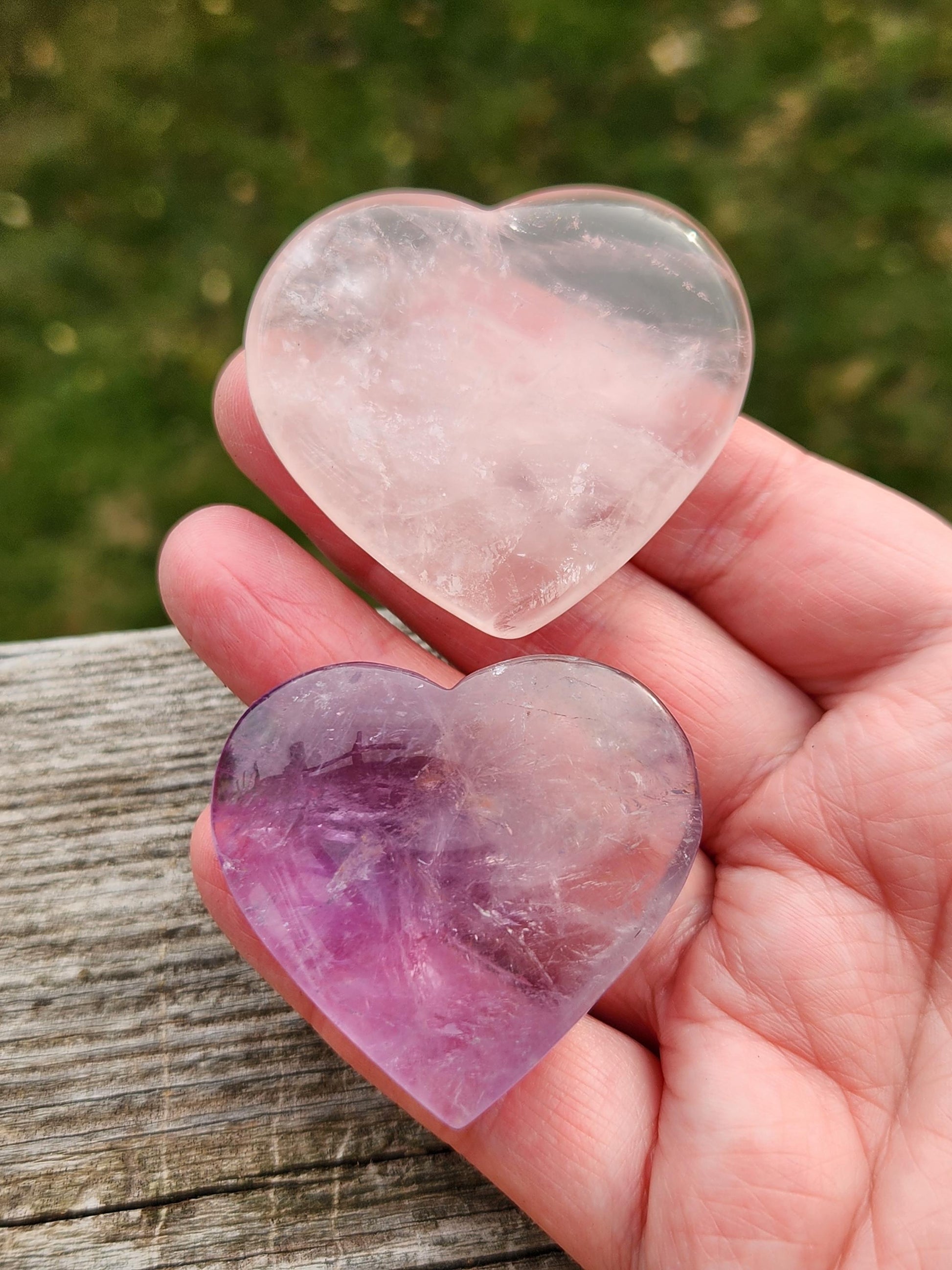 Set of 2 Hearts Purple Ametrine Amethyst Crystal and Rose Quartz Carved Hearts