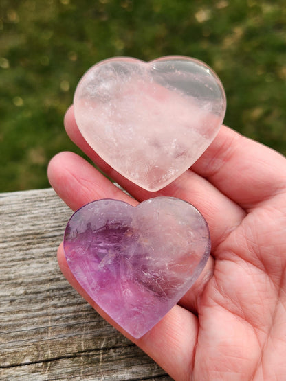 Set of 2 Hearts Purple Ametrine Amethyst Crystal and Rose Quartz Carved Hearts