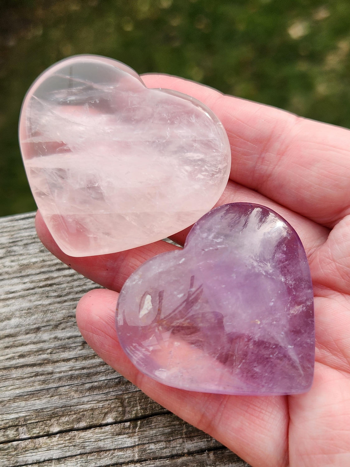 Set of 2 Hearts Purple Ametrine Amethyst Crystal and Rose Quartz Carved Hearts