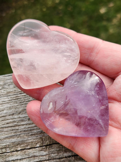 Set of 2 Hearts Purple Ametrine Amethyst Crystal and Rose Quartz Carved Hearts