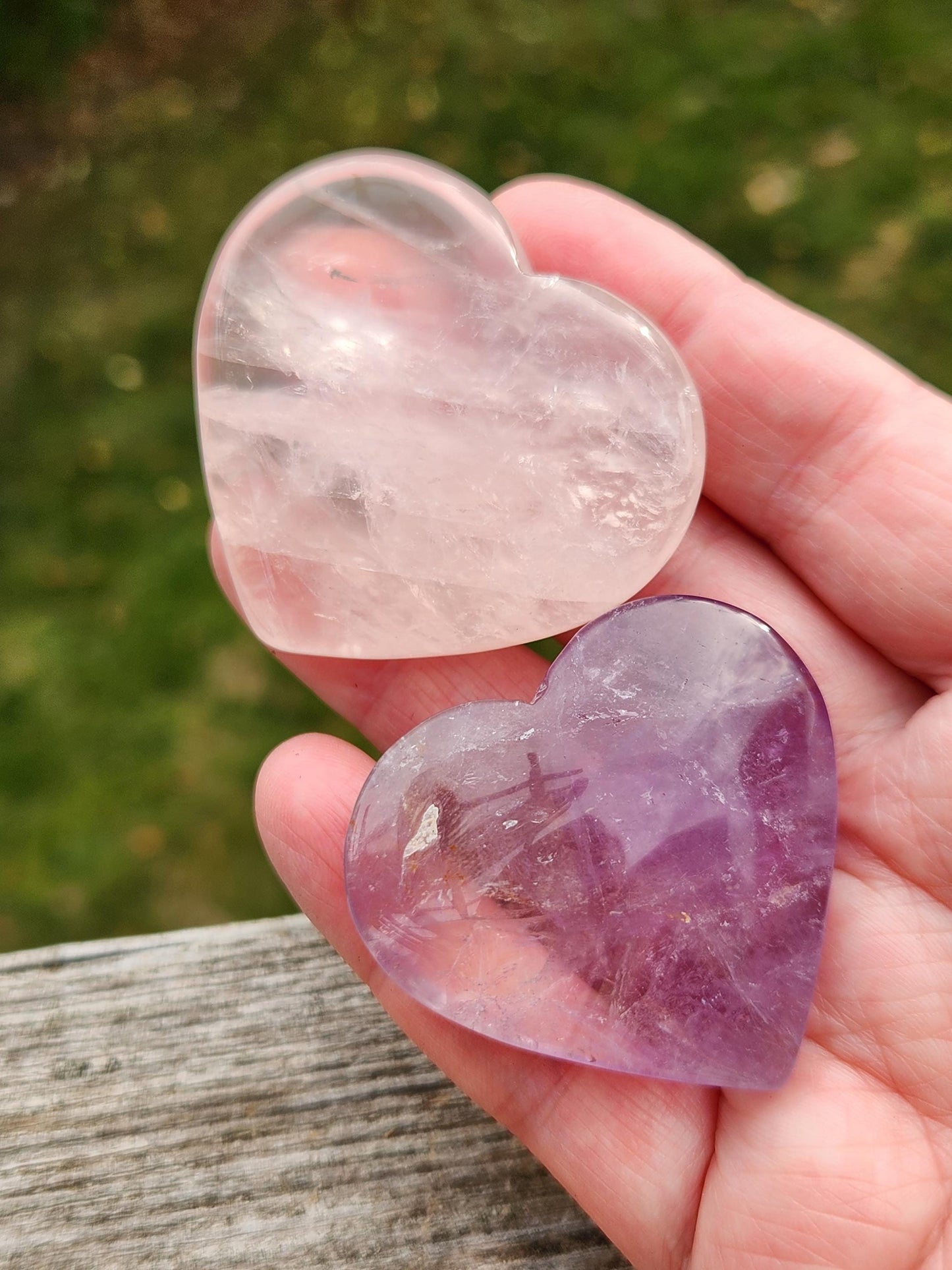 Set of 2 Hearts Purple Ametrine Amethyst Crystal and Rose Quartz Carved Hearts