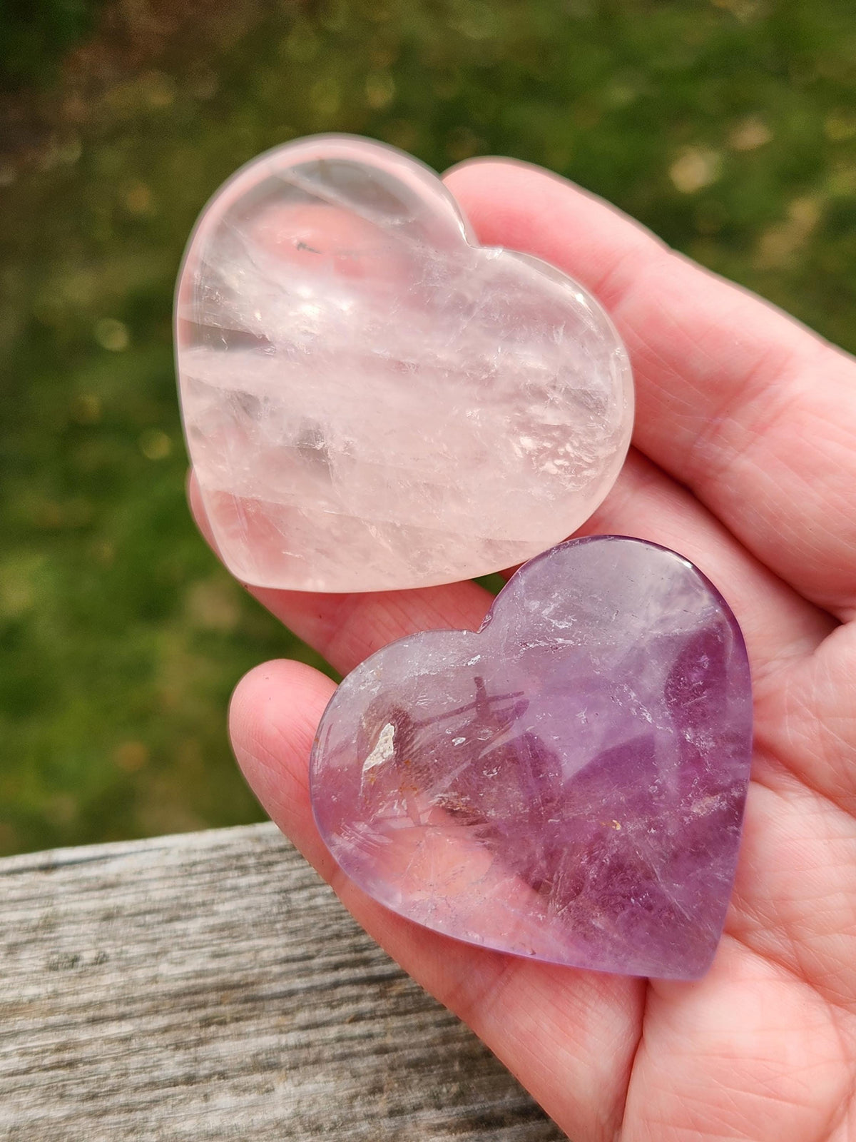 Set of 2 Hearts Purple Ametrine Amethyst Crystal and Rose Quartz Carved Hearts