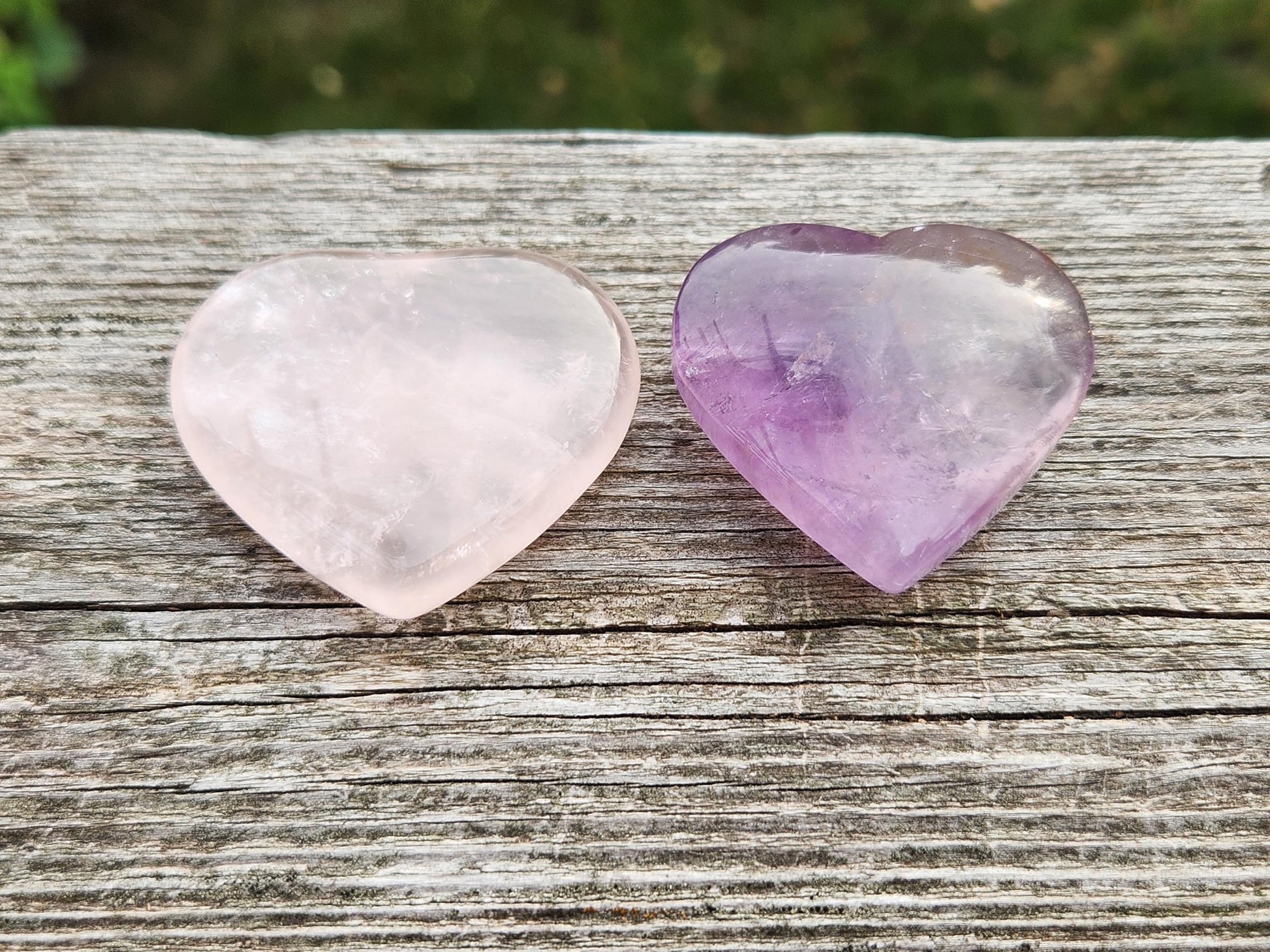 Set of 2 Hearts Purple Ametrine Amethyst Crystal and Rose Quartz Carved Hearts