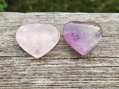 Set of 2 Hearts Purple Ametrine Amethyst Crystal and Rose Quartz Carved Hearts