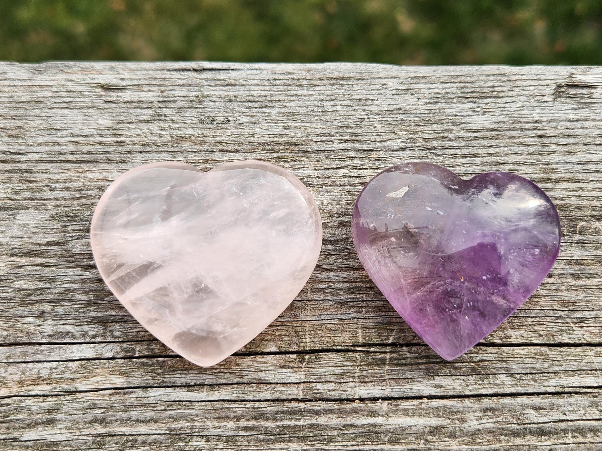 Set of 2 Hearts Purple Ametrine Amethyst Crystal and Rose Quartz Carved Hearts