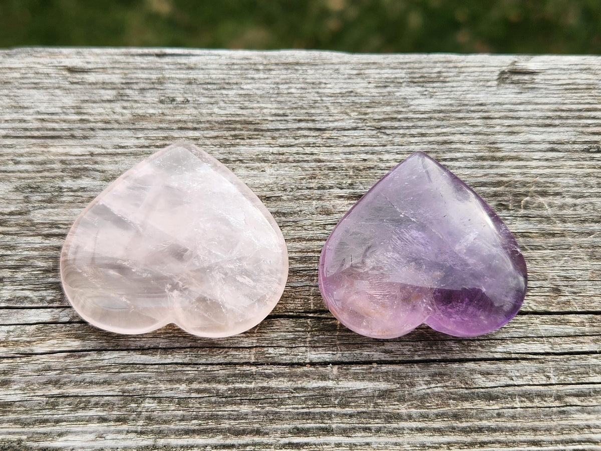 Set of 2 Hearts Purple Ametrine Amethyst Crystal and Rose Quartz Carved Hearts