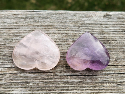Set of 2 Hearts Purple Ametrine Amethyst Crystal and Rose Quartz Carved Hearts