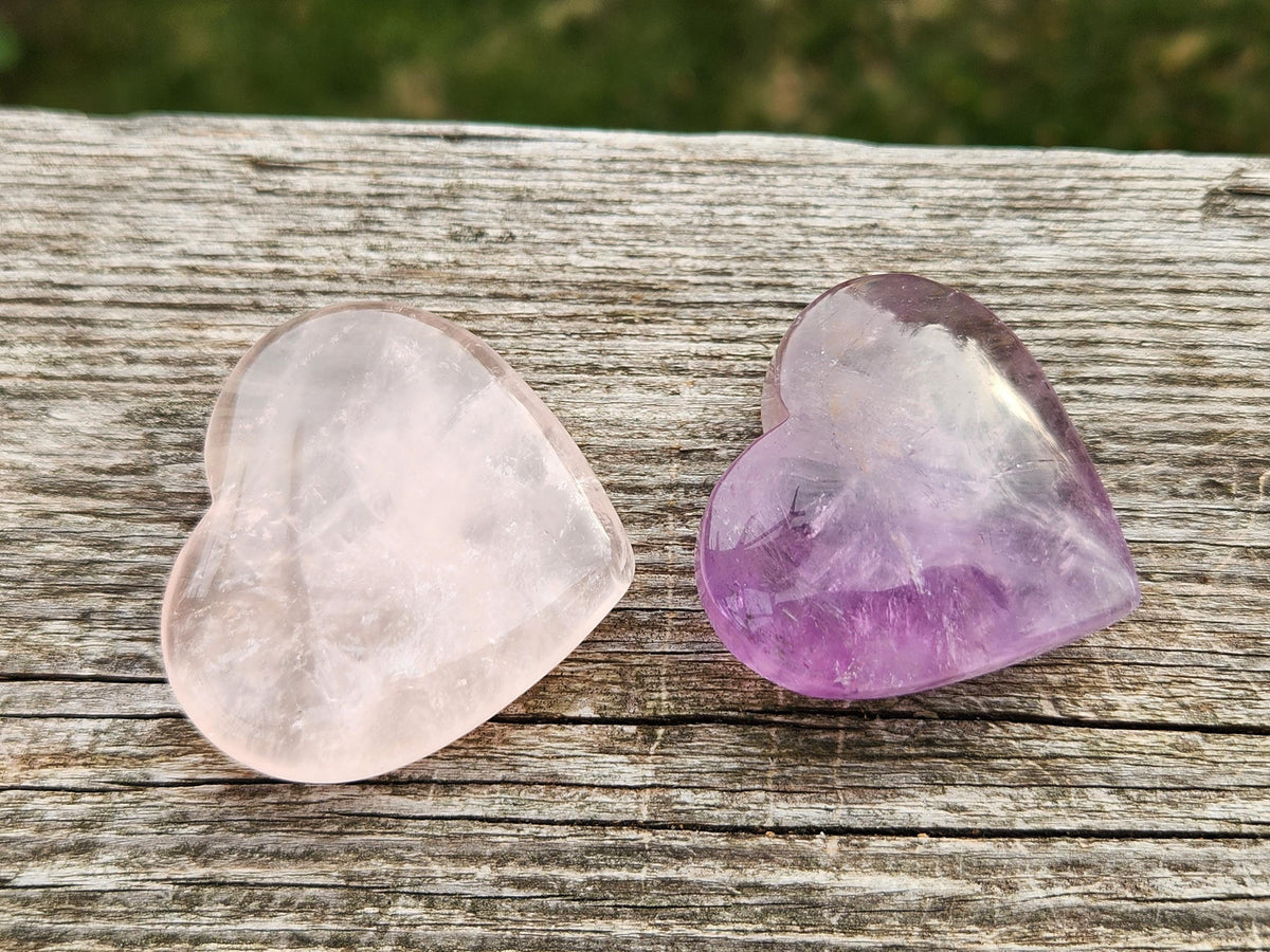 Set of 2 Hearts Purple Ametrine Amethyst Crystal and Rose Quartz Carved Hearts