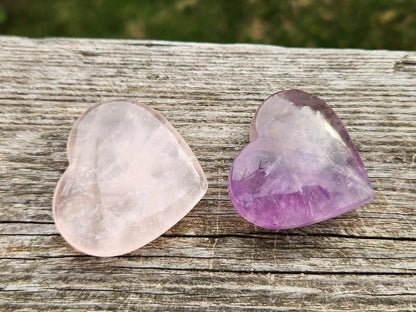 Set of 2 Hearts Purple Ametrine Amethyst Crystal and Rose Quartz Carved Hearts