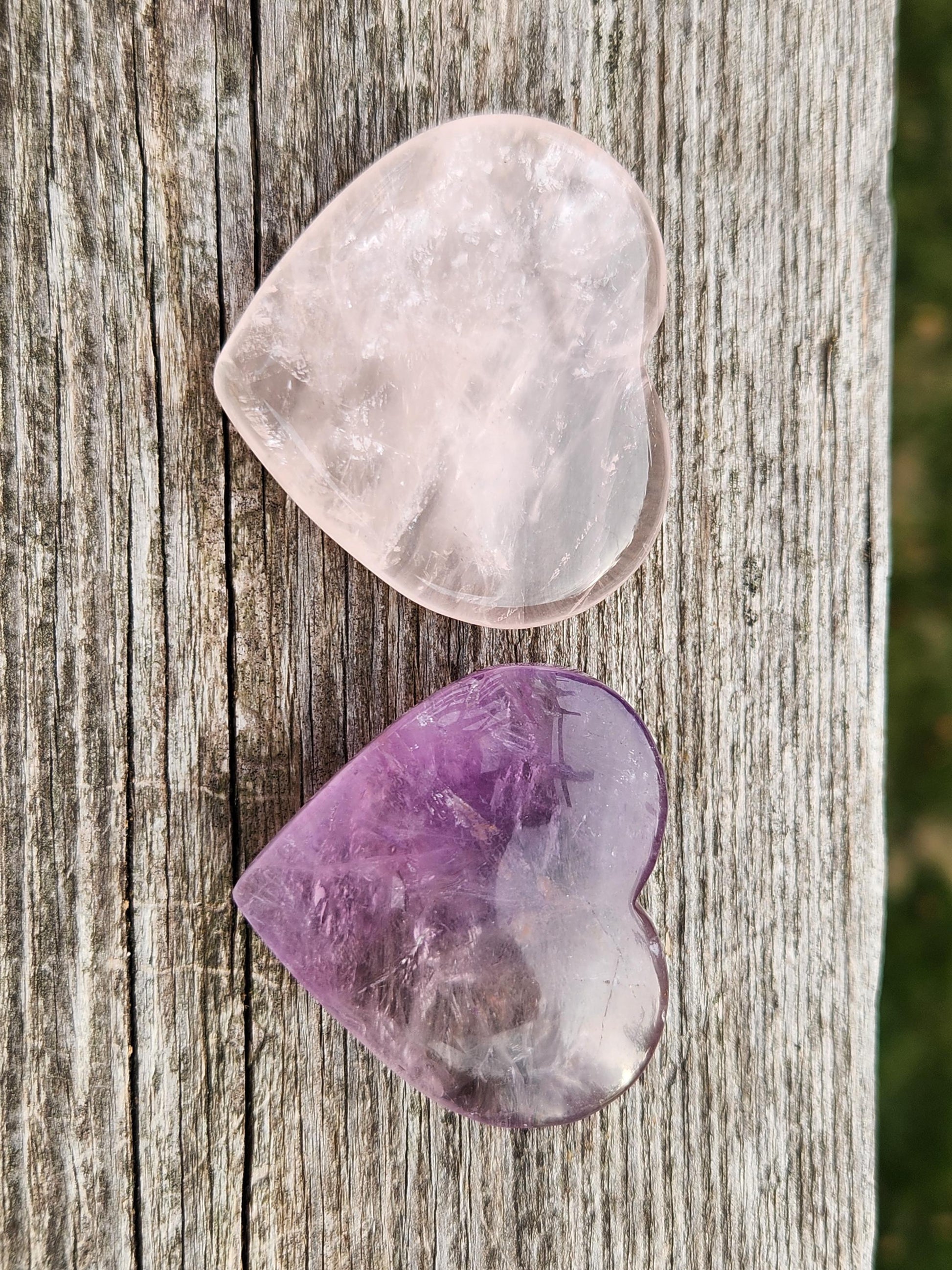 Set of 2 Hearts Purple Ametrine Amethyst Crystal and Rose Quartz Carved Hearts
