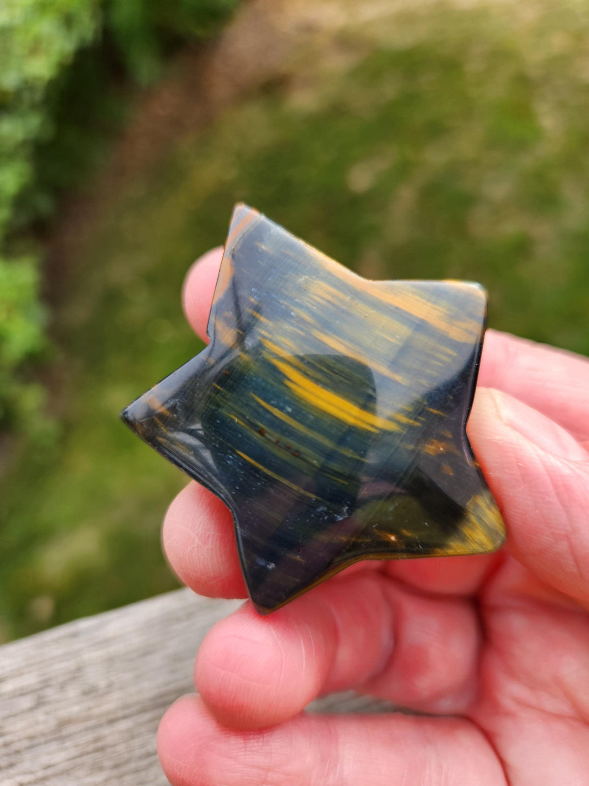 Polished Blue and Gold Tiger Eye Crystal Star: Pocket Palm Stone