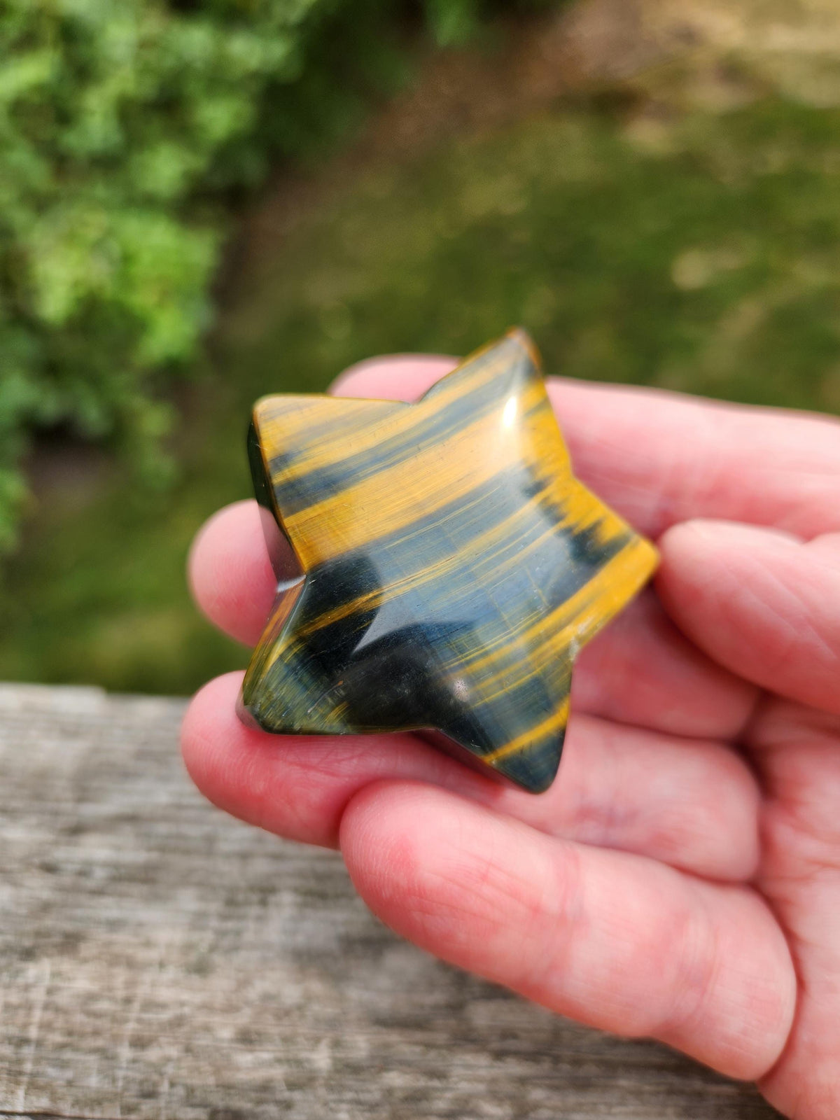 Polished Blue and Gold Tiger Eye Crystal Star: Pocket Palm Stone