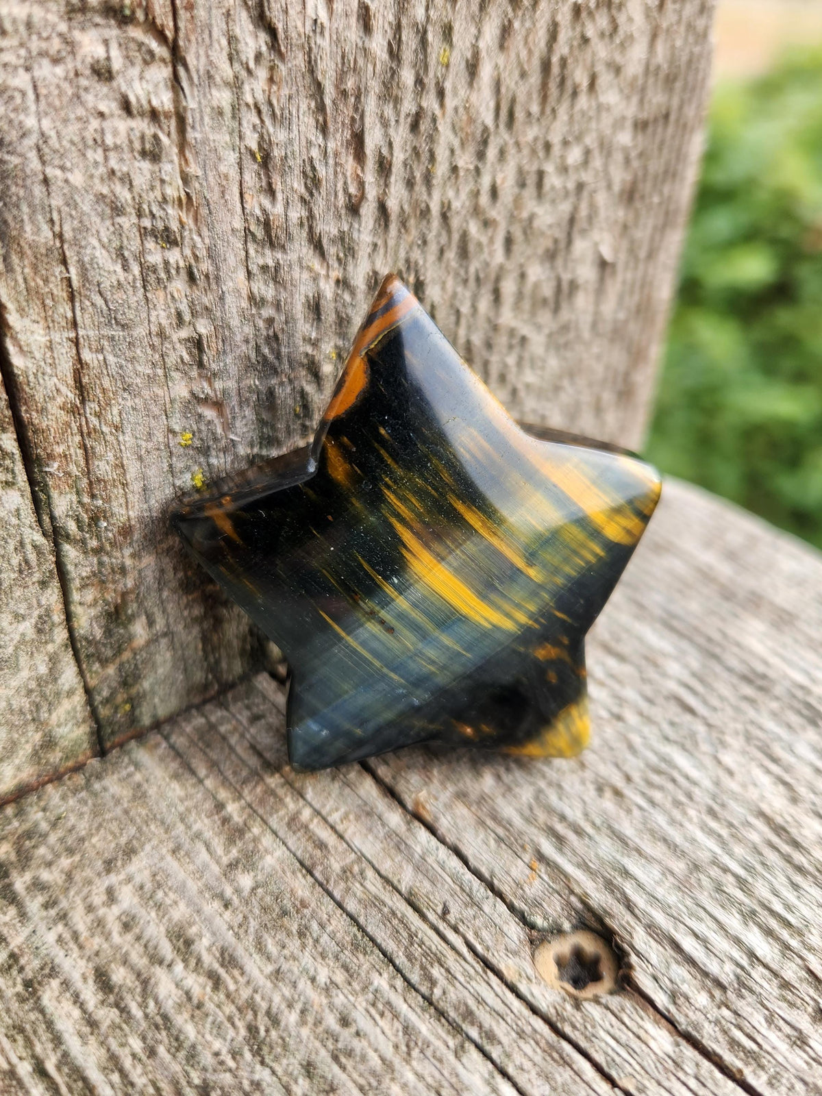 Polished Blue and Gold Tiger Eye Crystal Star: Pocket Palm Stone