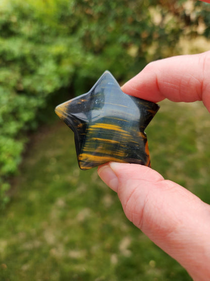 Polished Blue and Gold Tiger Eye Crystal Star: Pocket Palm Stone
