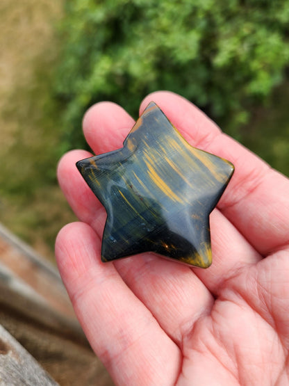 Polished Blue and Gold Tiger Eye Crystal Star: Pocket Palm Stone
