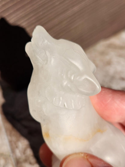 Carved Clear Quartz Jasper Howling Wolf Crystal with Golden Healer Inclusions, All Natural Crystal