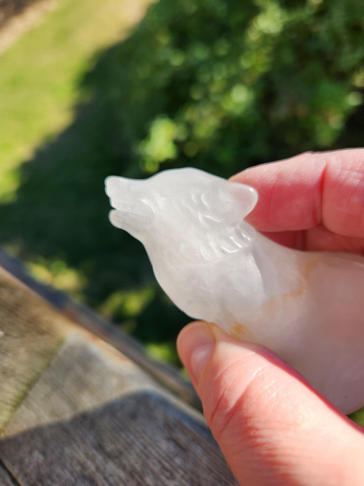 Carved Clear Quartz Jasper Howling Wolf Crystal with Golden Healer Inclusions, All Natural Crystal