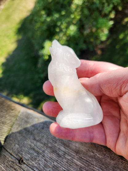 Carved Clear Quartz Jasper Howling Wolf Crystal with Golden Healer Inclusions, All Natural Crystal