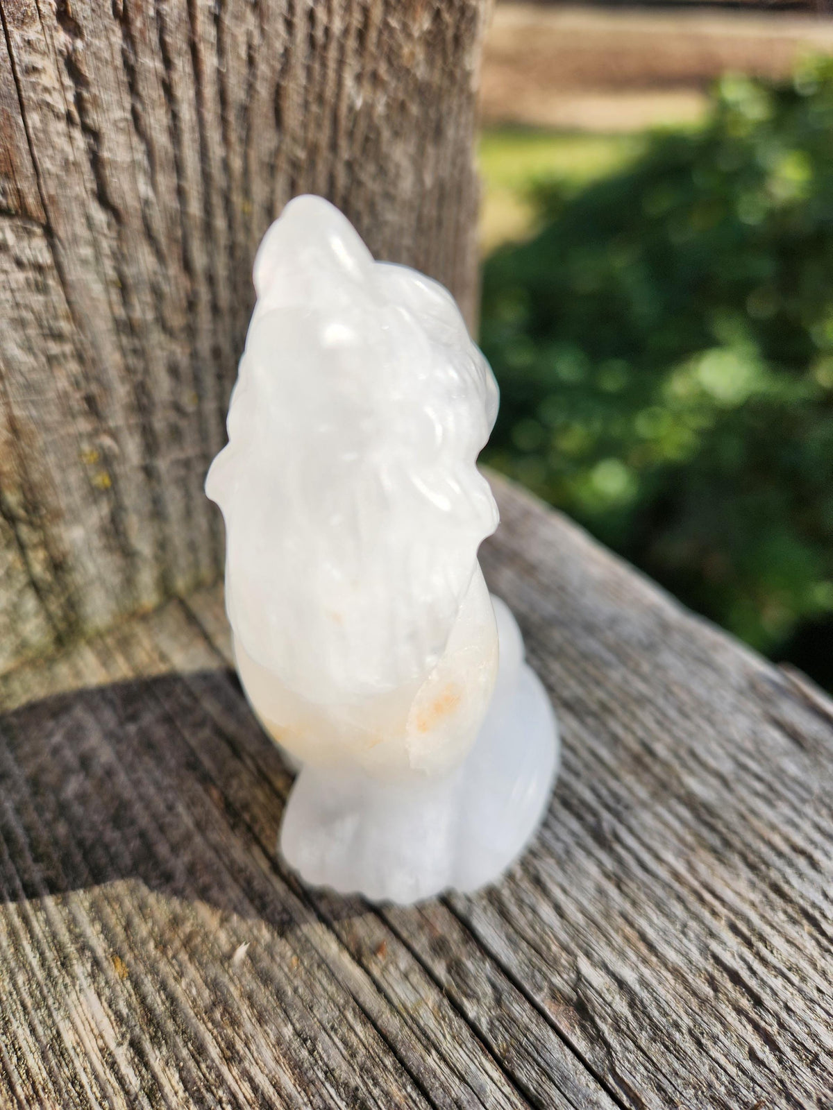Carved Clear Quartz Jasper Howling Wolf Crystal with Golden Healer Inclusions, All Natural Crystal