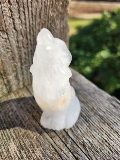 Carved Clear Quartz Jasper Howling Wolf Crystal with Golden Healer Inclusions, All Natural Crystal