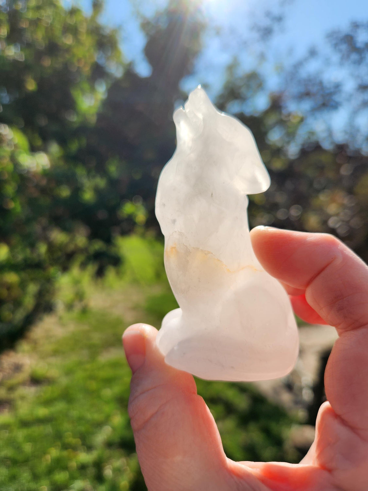 Carved Clear Quartz Jasper Howling Wolf Crystal with Golden Healer Inclusions, All Natural Crystal