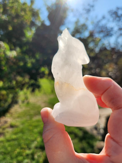 Carved Clear Quartz Jasper Howling Wolf Crystal with Golden Healer Inclusions, All Natural Crystal