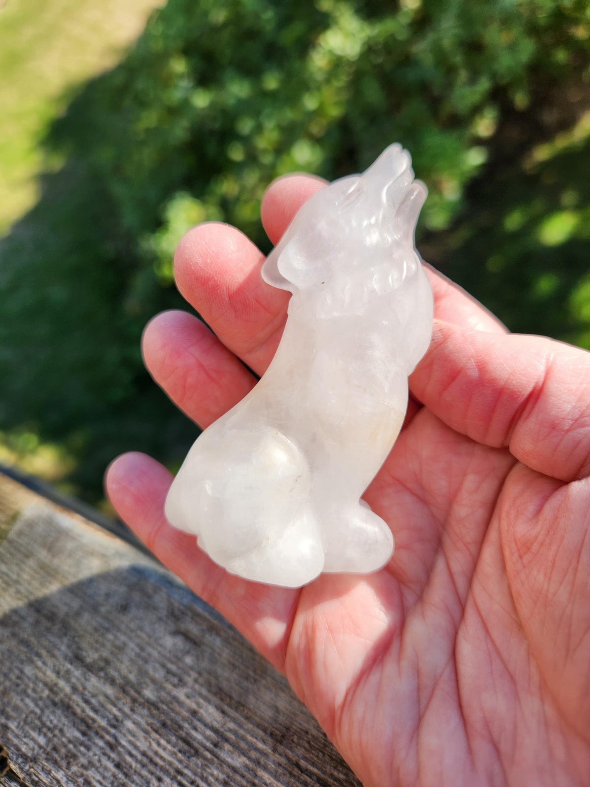 Carved Clear Quartz Jasper Howling Wolf Crystal with Golden Healer Inclusions, All Natural Crystal