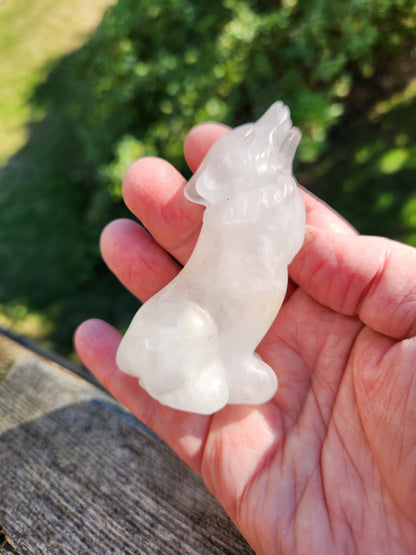 Carved Clear Quartz Jasper Howling Wolf Crystal with Golden Healer Inclusions, All Natural Crystal